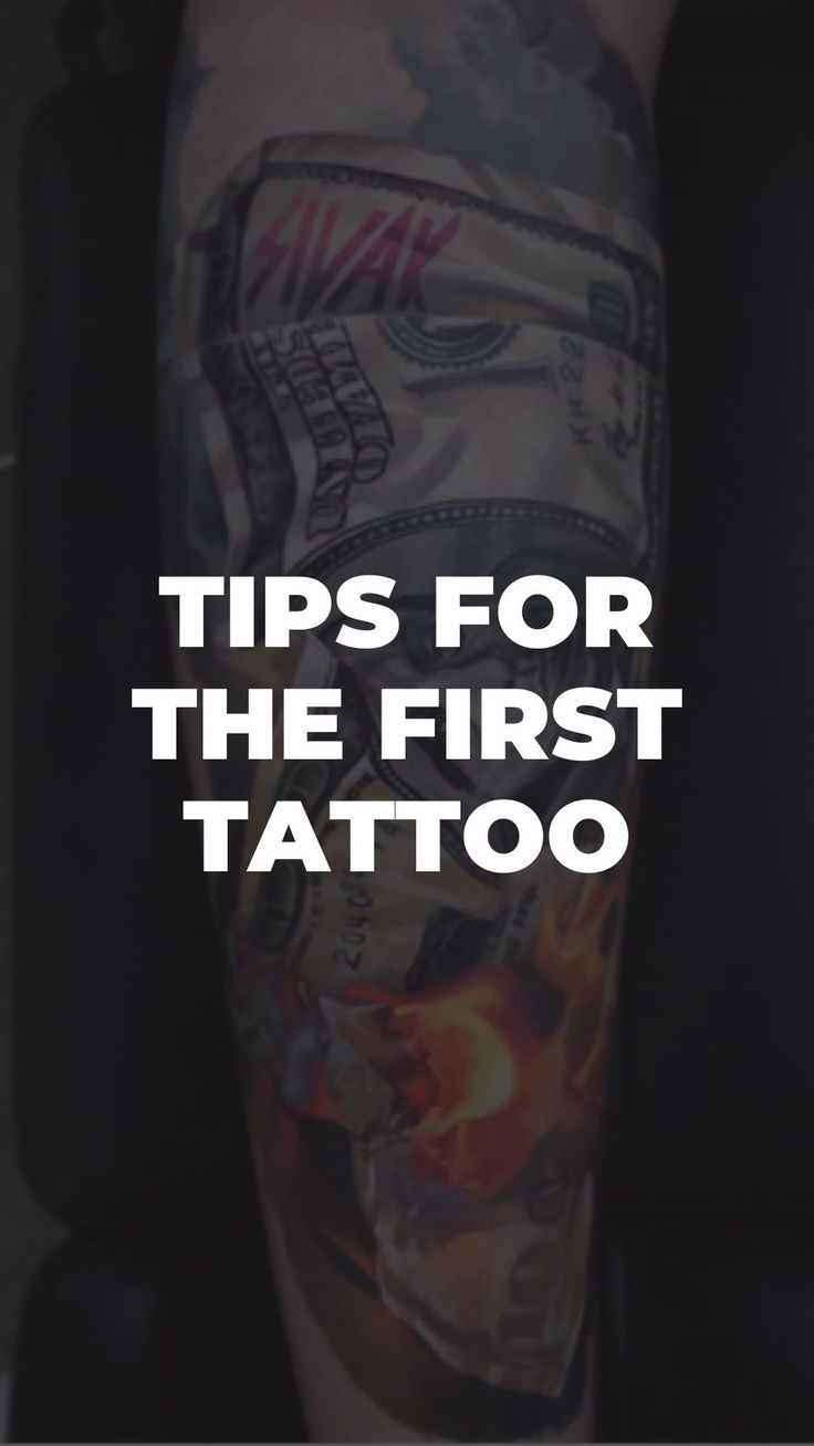 a man with tattoos on his arm and the words tips for the first tatoo