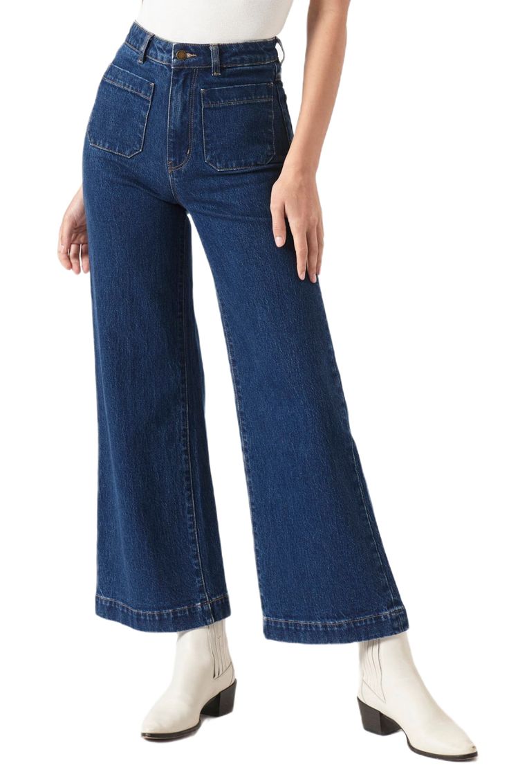 Fall for the silhouette of these high-waist jeans made from stretch-kissed denim in a light-blue wash with retro patch pockets and wide ankle-grazing hems. 28" inseam; 23" leg opening; 12 1/2" front rise; 14 1/2" back rise (size 29) Zip fly with button closure Five-pocket style 99% cotton, 1% elastane Machine wash, line dry Imported Patch Pocket Jeans, Sailor Jeans, Retro Patch, Sailor Jean, High Waist Wide Leg Jeans, Simple Trendy Outfits, Pocket Jeans, Wide Leg Jeans, High Waist Jeans