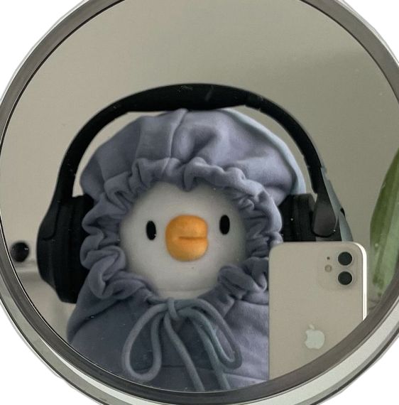 a stuffed penguin with headphones and a cell phone in front of a round mirror