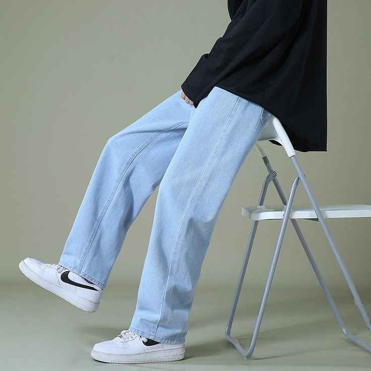 DETAILSMaterial: DenimClosure Type: Zipper FlyMid waistSoftener fabric Pants Korean Style, Blue Baggy Jeans, Pants Korean, Elastic Waist Jeans, Outfit Jeans, Baggy Pants, Streetwear Y2k, Men Fits, Wide Leg Denim