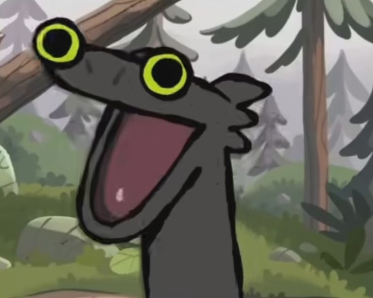 a cartoon character with big yellow eyes holding a branch in front of him and smiling