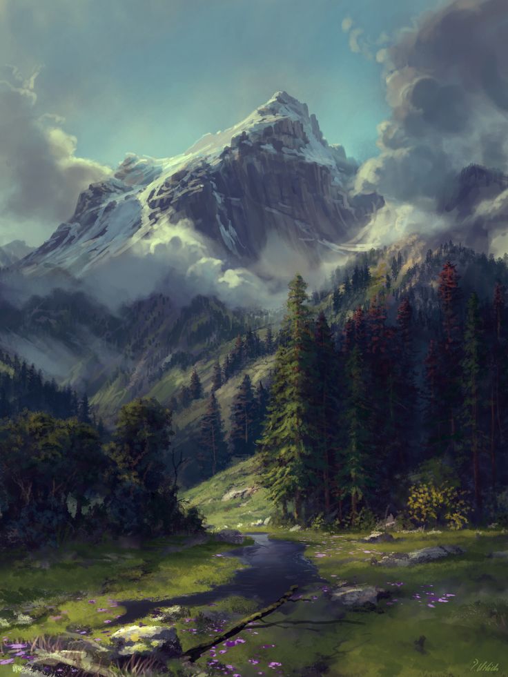 a painting of a mountain landscape with clouds and trees