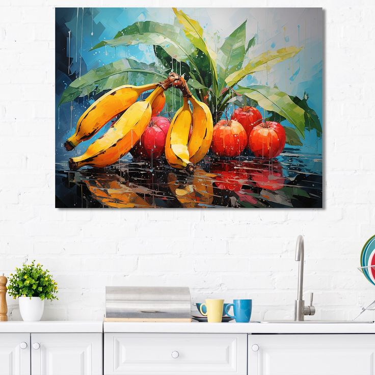 a painting of bananas and apples on a table