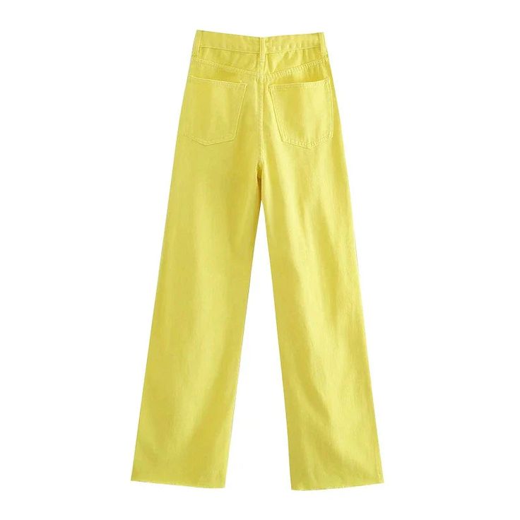 Our Suvi High Waisted Straight Jeans feature a high-waisted straight cut style. classic pockets. and raw hems. Classic Solid Jeans For Spring, Classic Solid Color Jeans For Spring, Classic Spring Jeans, High Rise Solid Color Cotton Pants, Yellow Wide Leg Cotton Jeans, Solid Color Cotton High-rise Bottoms, Trendy Pants With Pockets And Straight Hem, Yellow Five-pocket Pants For Spring, Trendy Bottoms With Straight Hem For Summer