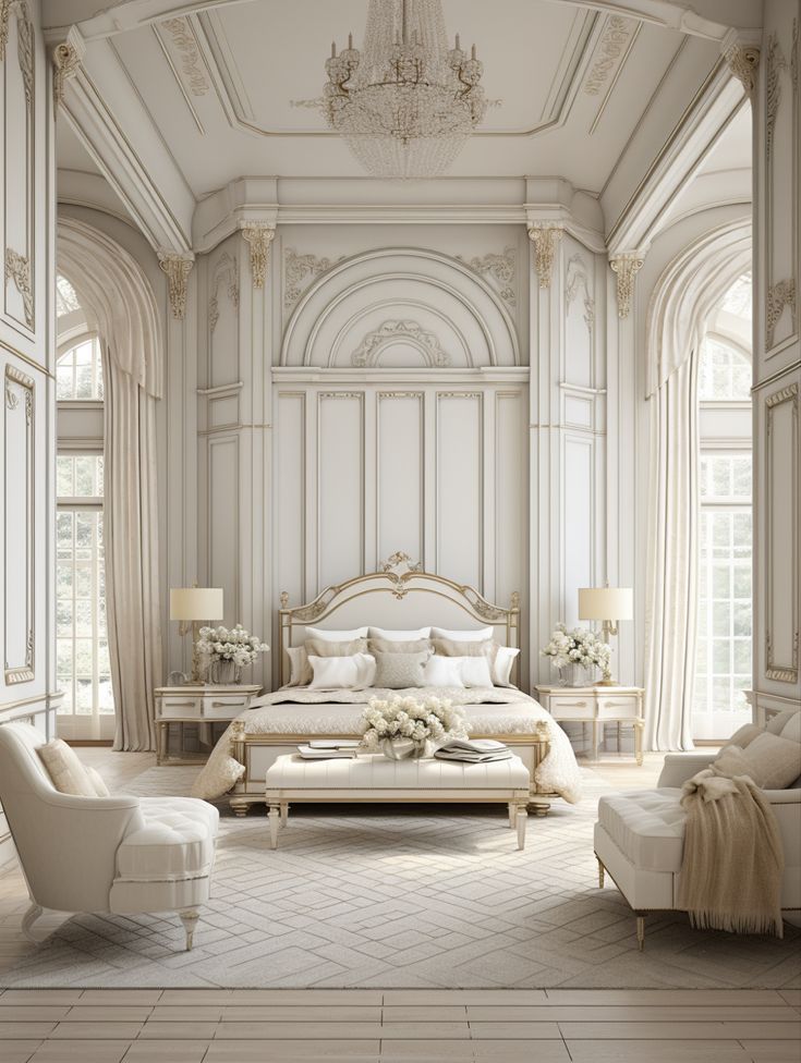 an elegant bedroom with white furniture and chandelier