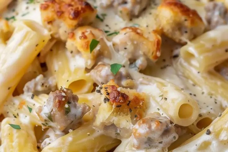 a close up view of some pasta with meat and cheese