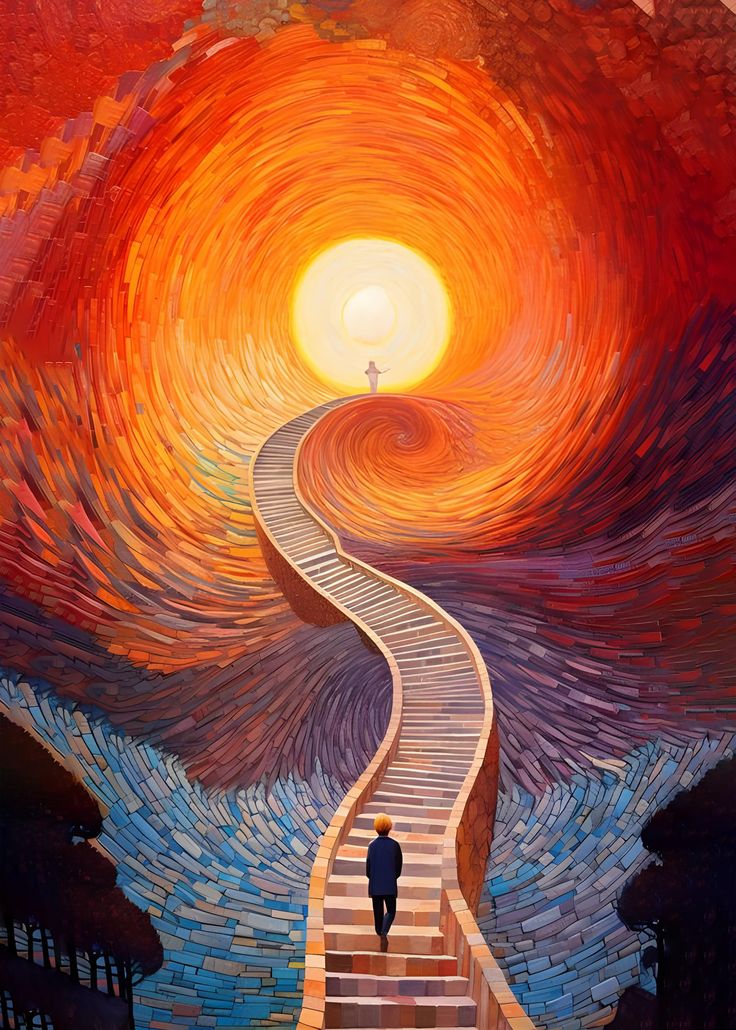 a painting of a man walking up stairs to the sky with an orange and yellow swirl