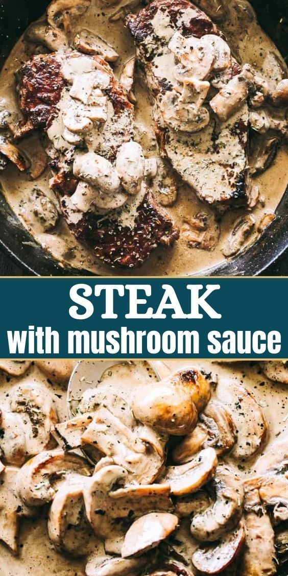 steak with mushroom sauce in a cast iron skillet