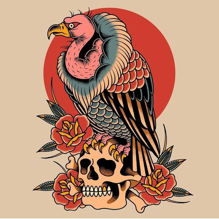 a bird sitting on top of a skull next to a flower and a red sun