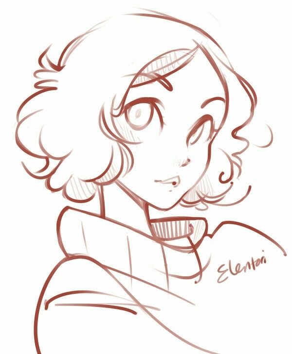 a drawing of a girl with curly hair and a scarf around her neck, looking to the side