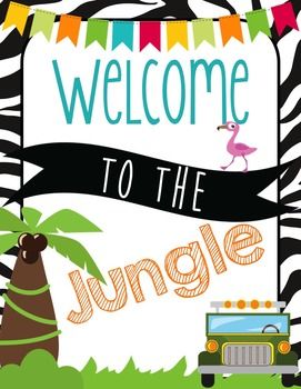 a welcome to the jungle sign with an animal and jeep