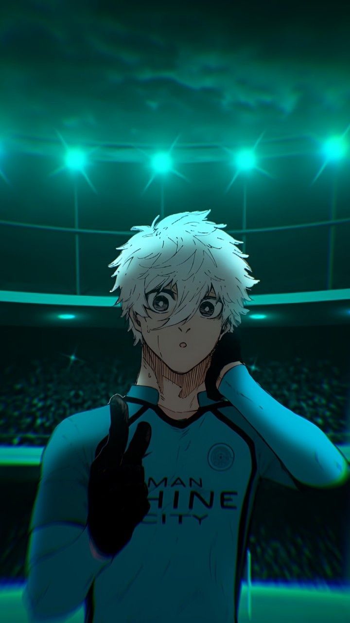 an anime character with white hair and blue eyes standing in front of a green stadium