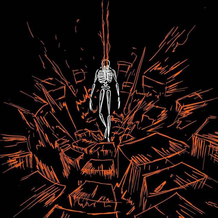 a drawing of a skeleton standing in the middle of a room filled with books and papers