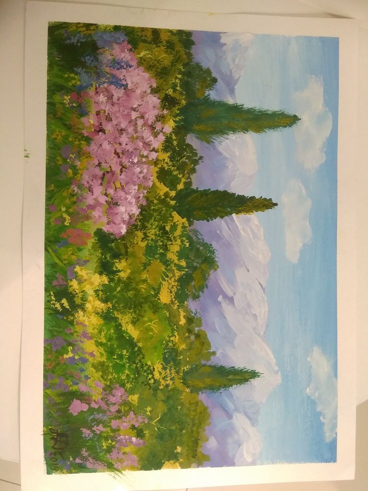 an oil painting of trees and flowers in the sky with clouds behind them on a white wall