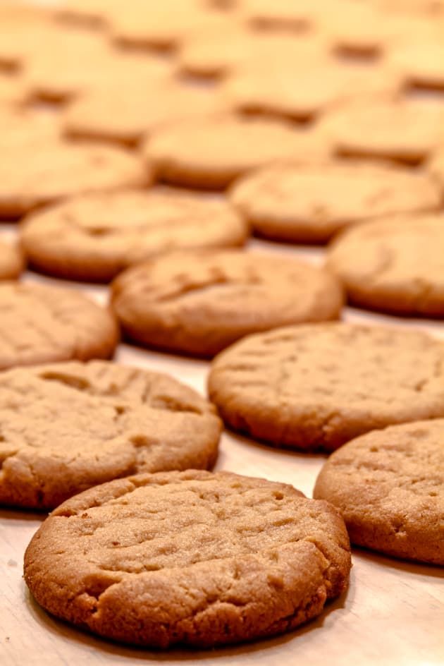 several cookies are lined up on a table