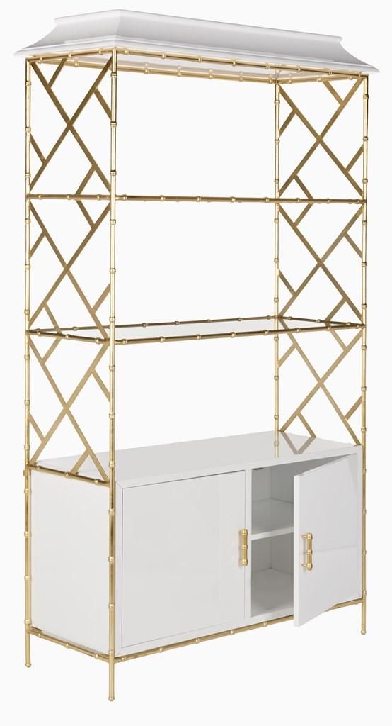 a white and gold shelf with two doors