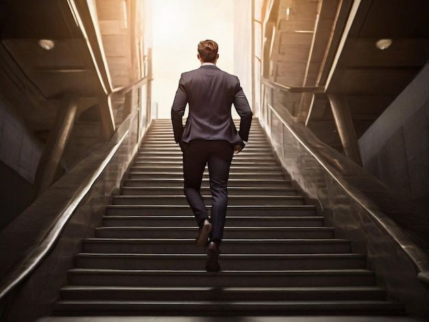 a man in a suit walking up some stairs with his back turned to the camera