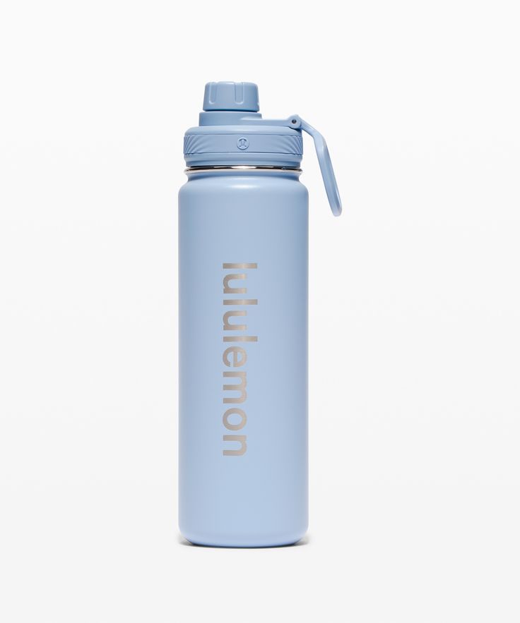 a light blue water bottle with the word thin on it and a straw in its mouth