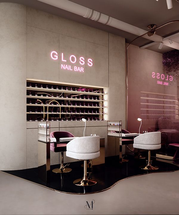 a nail salon with two white chairs and pink neon signs on the wall behind them