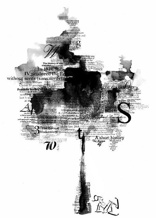 a black and white drawing of a tree with words written on the branches in different languages