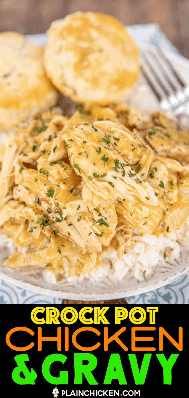 crock pot chicken and gravy on a plate with crackers