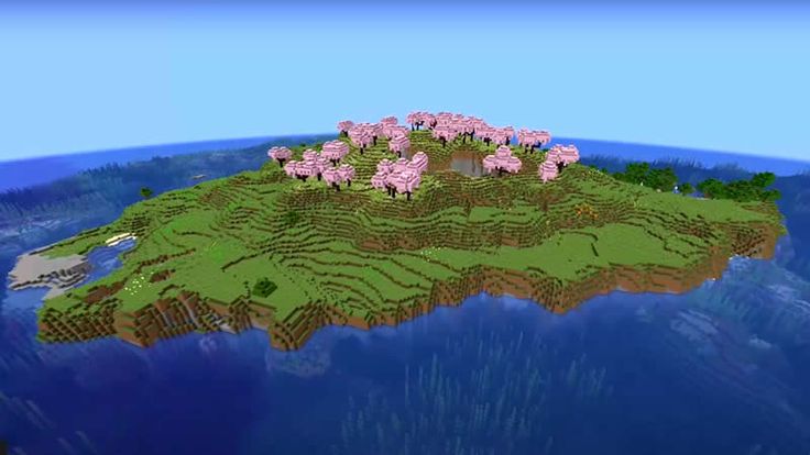 a small island with pink sheep on it