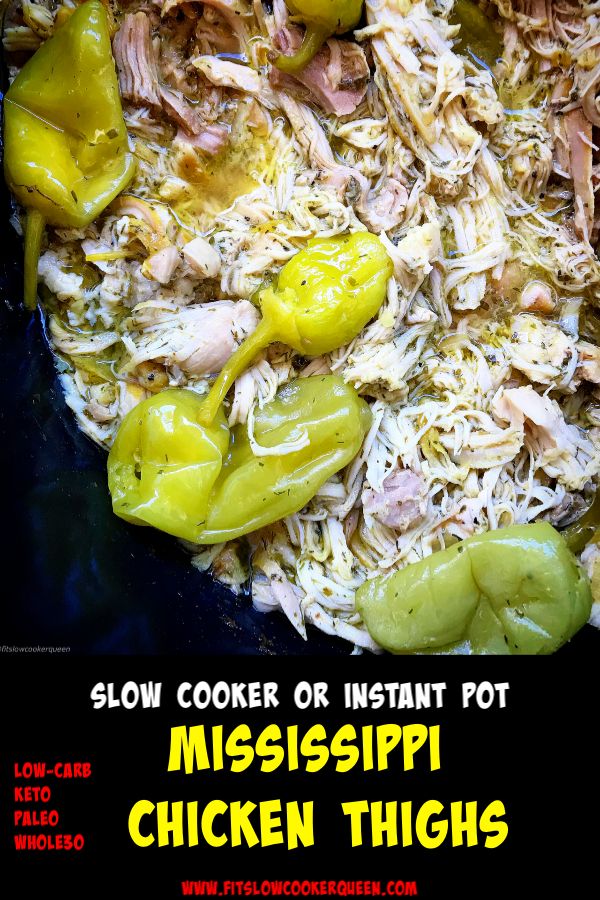 this is an image of some food in a pan with the words slow cooker or instant pot mississippi chicken thighs