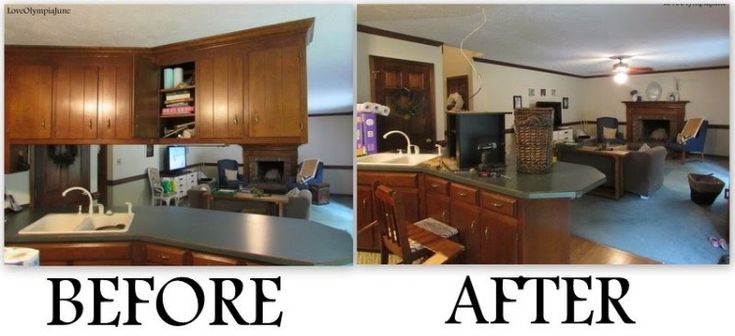 before and after photos of a kitchen remodel with cabinets, counter tops, sink, and appliances