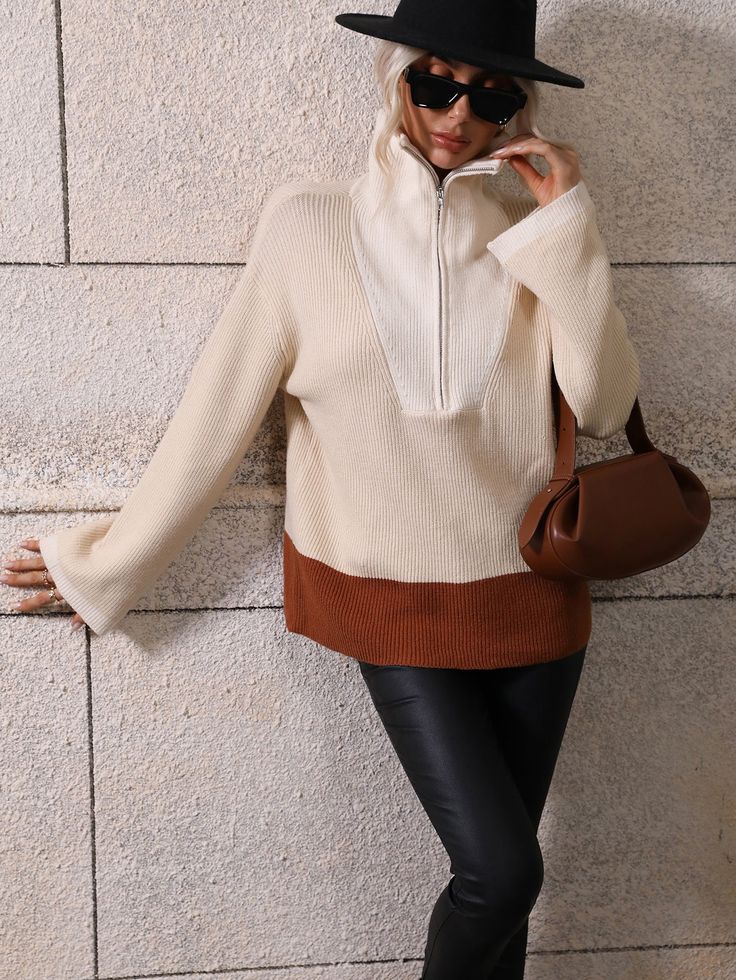 Casual meets comfy in the Mind At Ease Knit Half Zip Pullover Sweater in beige, cream & brown contrast colors that features a zipper closure! Size Guide: Ambre is 5’2” tall, and has a 33.2” bust, 24.5”waist, & 36.7” hips. She is wearing a S / US 4 / AU 8. This sweater is true to size. Feature: Zip closure. Relaxed fit. Bump friendly Material: 85% Acrylic, 15% Polyester. Care Instructions: Machine wash / Cold hand wash. Beige Half-zip Outerwear For Fall, Beige Half-zip Sweater For Winter, Beige Half-zip Winter Sweater, Winter Beige Half-zip Sweater, Beige Half-zip Sweater, White Half-zip Sweater With Zipper Closure, Knit Half Zip, Autumn Outwear, Color Blocking Outfits