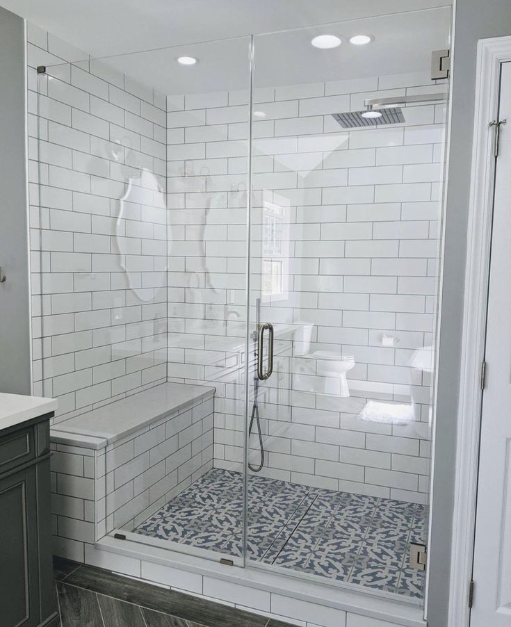 a walk in shower sitting next to a bathroom sink