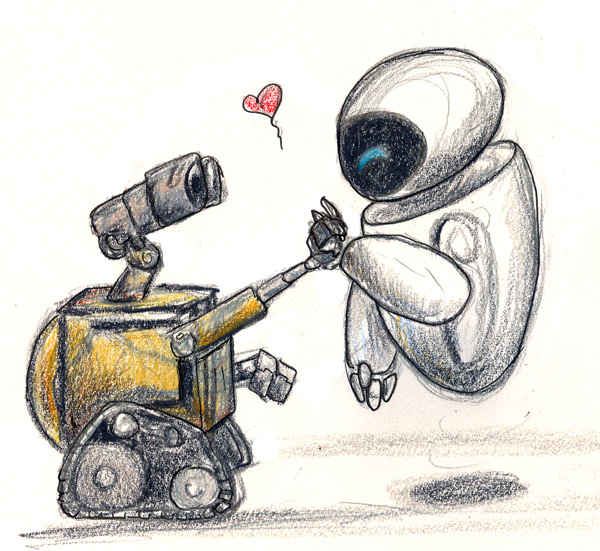 a drawing of an astronaut pushing a robot with a camera on it's back