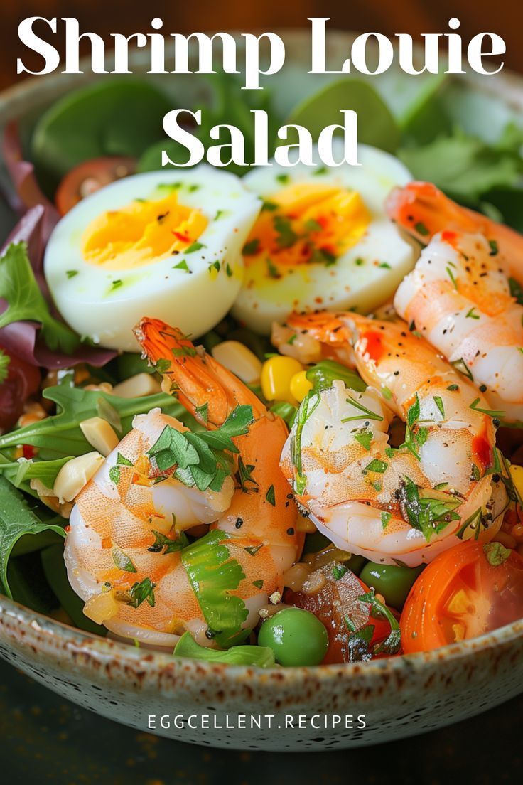 shrimp and egg salad in a bowl with text overlay