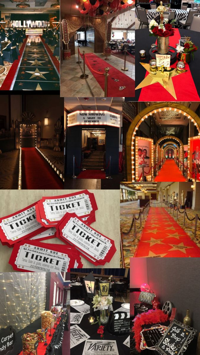 a collage of photos with red carpet and decorations