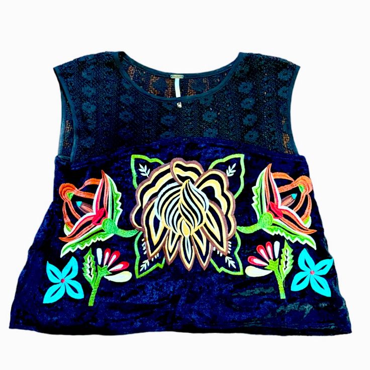 Excellent | Unworn Condition Size Xs Lightweight Embroidered Detail On Front And Back Of Top | Mesh Upper | Back Opening | Vibrant Colors | Perfect For Any Casual Summer Occasion! Black Cotton Festival Tops, Black Cotton Tops For Festival, Casual Floral Embroidered Top For Festivals, Black Cotton Top With Geometric Embroidery, Fitted Black Embroidered Top For Festival, Casual Black Embroidered Top For Spring, Blue Embroidered Tops For Summer, Black Embroidered Top With Geometric Patterns For Festivals, Black Embroidered Top For Summer Festival