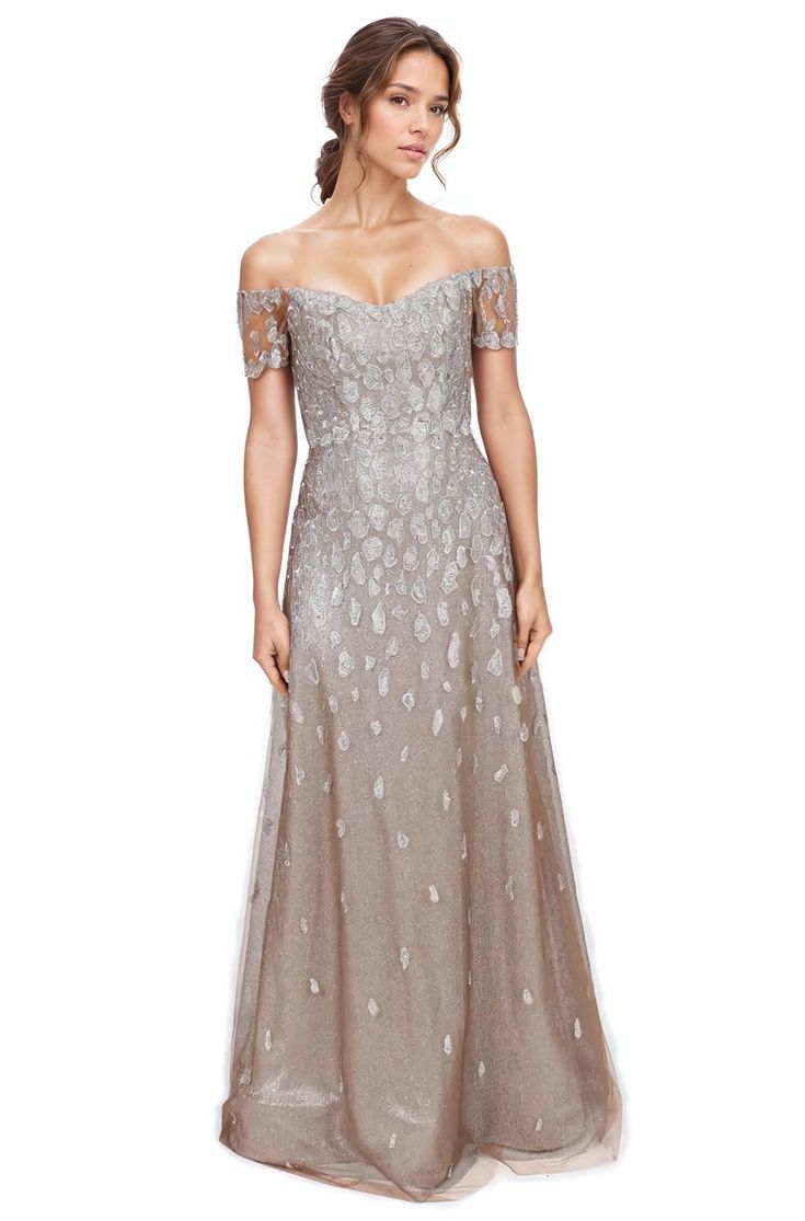 Off The Shoulder A-Line Embroidered Gown Champagne White Dresses, A Line Gown, Bride Style, Women Helping Women, Real Women, Formal Gowns, A Mother, Luxury Fabrics, Guest Dresses