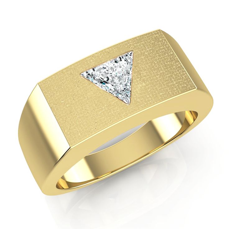 a yellow gold ring with a white diamond in the center and a triangle on top