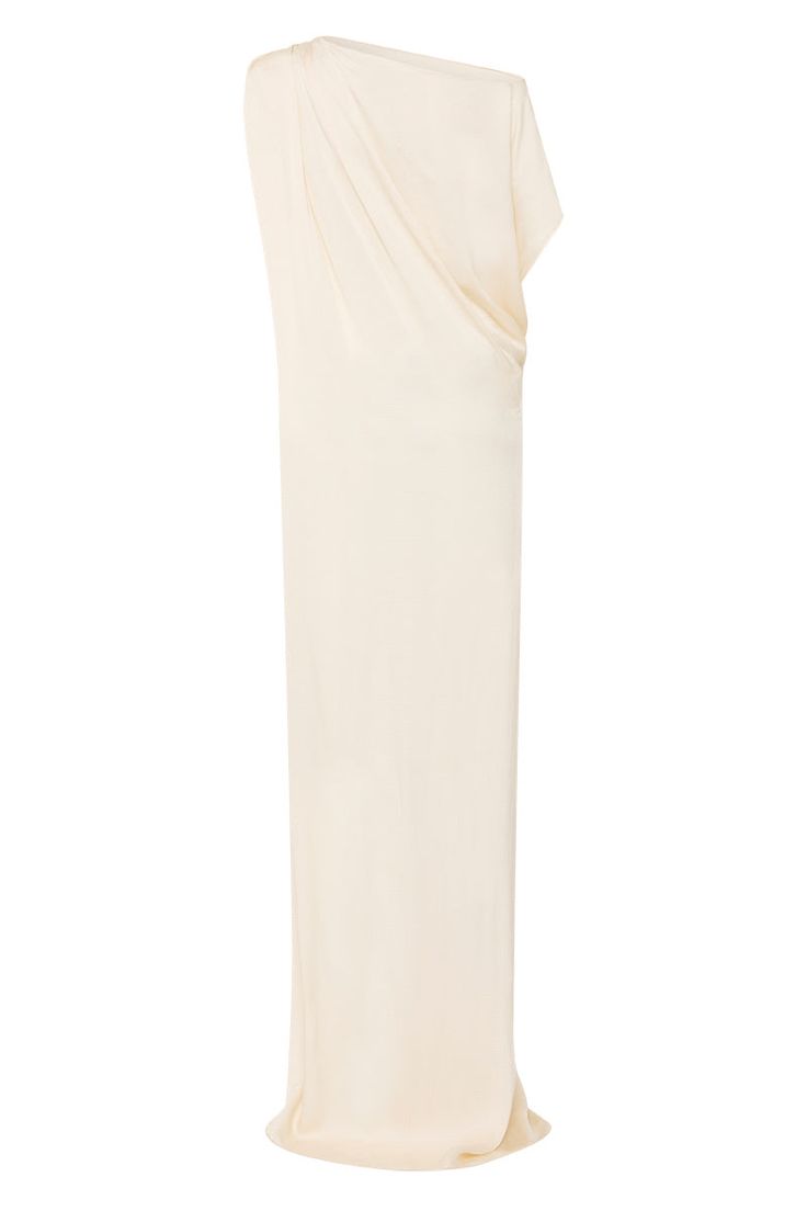 An elegant option for any special occasion, the Ardea Draped Dress in Pearl is crafted from a fluid rayon viscose blend with a hammered satin finish, chosen for its elegant drape. This statement column dress can be worn on or off the shoulder and features flattering draping at the shoulder and waist with a front split. Luxury fabric sustainably made in Europe. Pre-draped Silk Slip Dress For Gala, Pre-draped Silk Crepe Maxi Dress, Pre-draped Silk Midi Dress With Bias Cut, Pre-draped Satin Dresses With Draped Sleeves, Chic Silk Crepe Maxi Dress For Wedding, Chic Draped Rayon Dresses, Pre-draped Silk Evening Dress, Pre-draped Silk Gala Dress, Elegant Silk Asymmetrical Dress For Summer