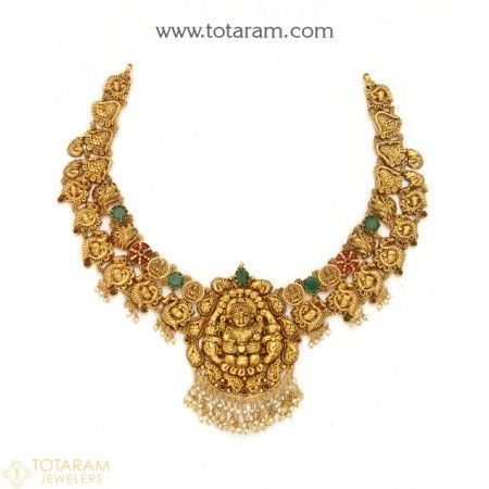 22K Gold Temple Jewellery Necklaces -Indian Gold Jewelry -Buy Online Festive Temple Jewelry Necklace With Antique Finish, Wedding Temple Jewelry Necklace With Antique Finish, Festive Antique Finish Necklaces For Festivals, Gold Antique Finish Temple Jewelry Necklace, Antique Necklaces With Intricate Design For Celebration, Antique Hallmarked Necklace For Festivals, Temple Jewelry Style Engraved Necklace For Celebration, Ceremonial Pendant Necklace With Jewels, Engraved Temple Jewelry Necklace For Celebrations