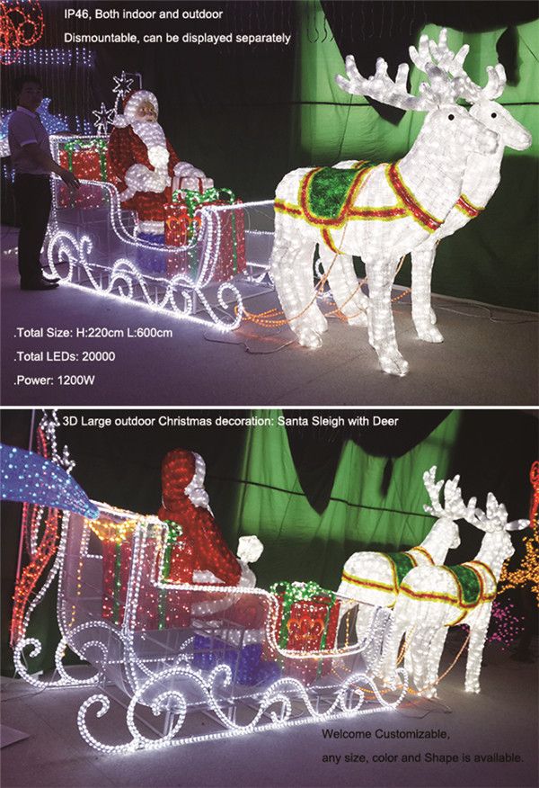 christmas lights are being displayed in the shape of santa's sleigh and reindeers