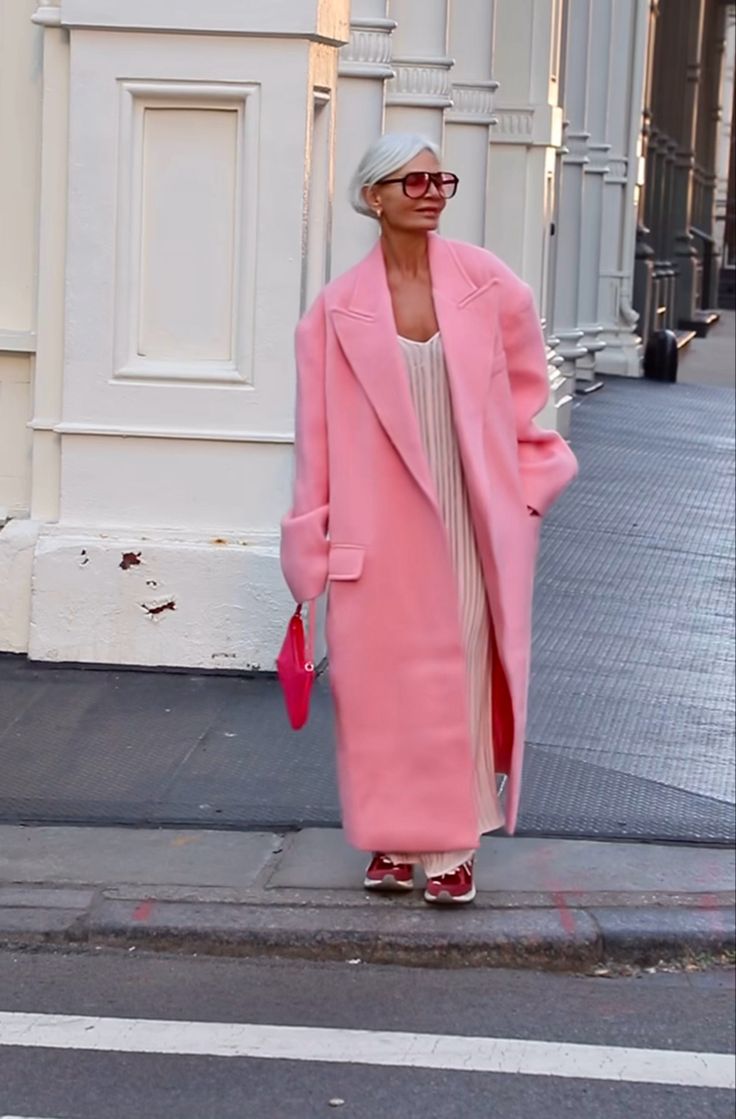 #pink #outfits #winter #fashion #coat Pink Trenchcoat Outfit, Rose Pink Coat Outfit, Candy Pink Outfit, Silver Coat Outfit, Pink Wool Coat Outfit, Grace Ghanem Style, Pink Girly Aesthetic Outfits, Pink Coat Street Style, Monochromatic Outfit Pink