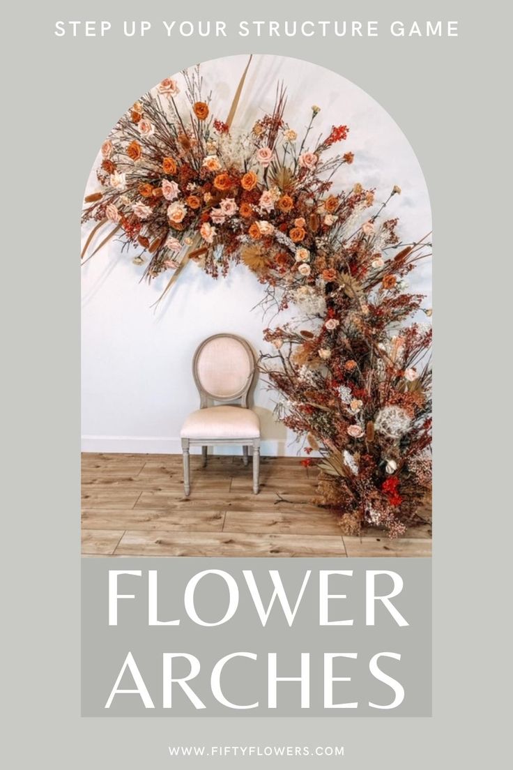 a chair sitting in front of a flower arch with the words, step up your structure game