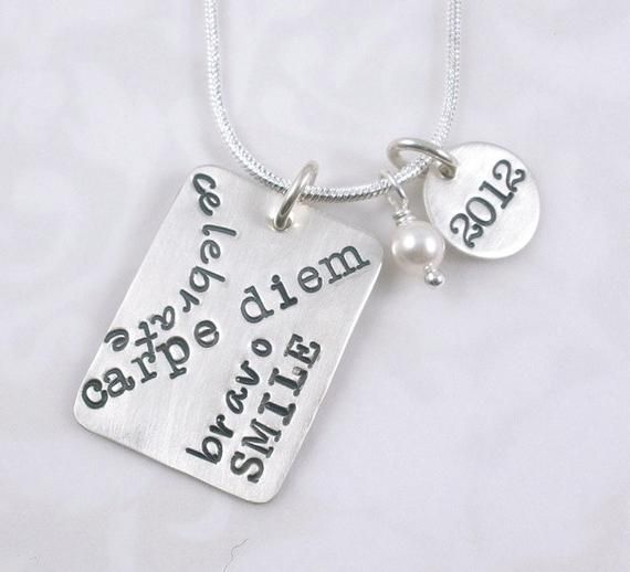 graduation hand stamped necklace Silver Hand Stamped Meaningful Charm Necklace, Silver Hand Stamped Necklace For Birthday Gift, Silver Stamped Charm Necklace For Birthday, Silver Hand Stamped Pendant Charm Necklace, Graduation Jewelry, Alphabet Stamps, Hand Stamped Necklace, Sterling Silver Charms, Silver Snake Chain