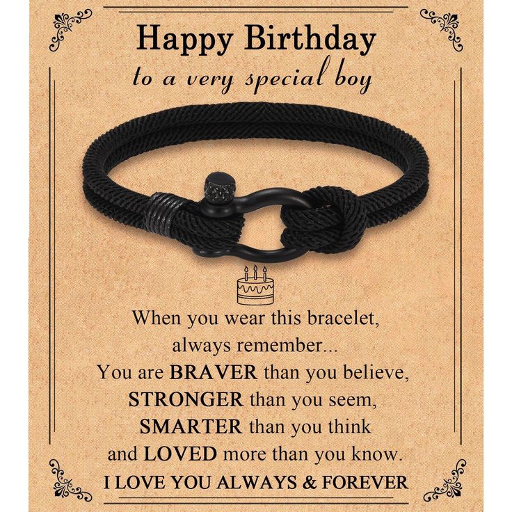 a birthday card with an image of two black braided bracelets and the words happy birthday to a very special boy