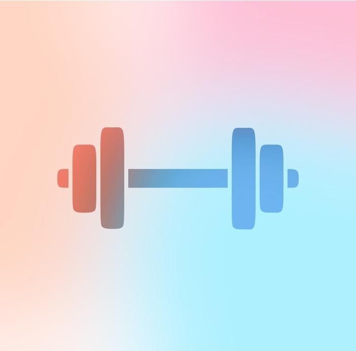 two dumbbells are shown against a pink and blue background