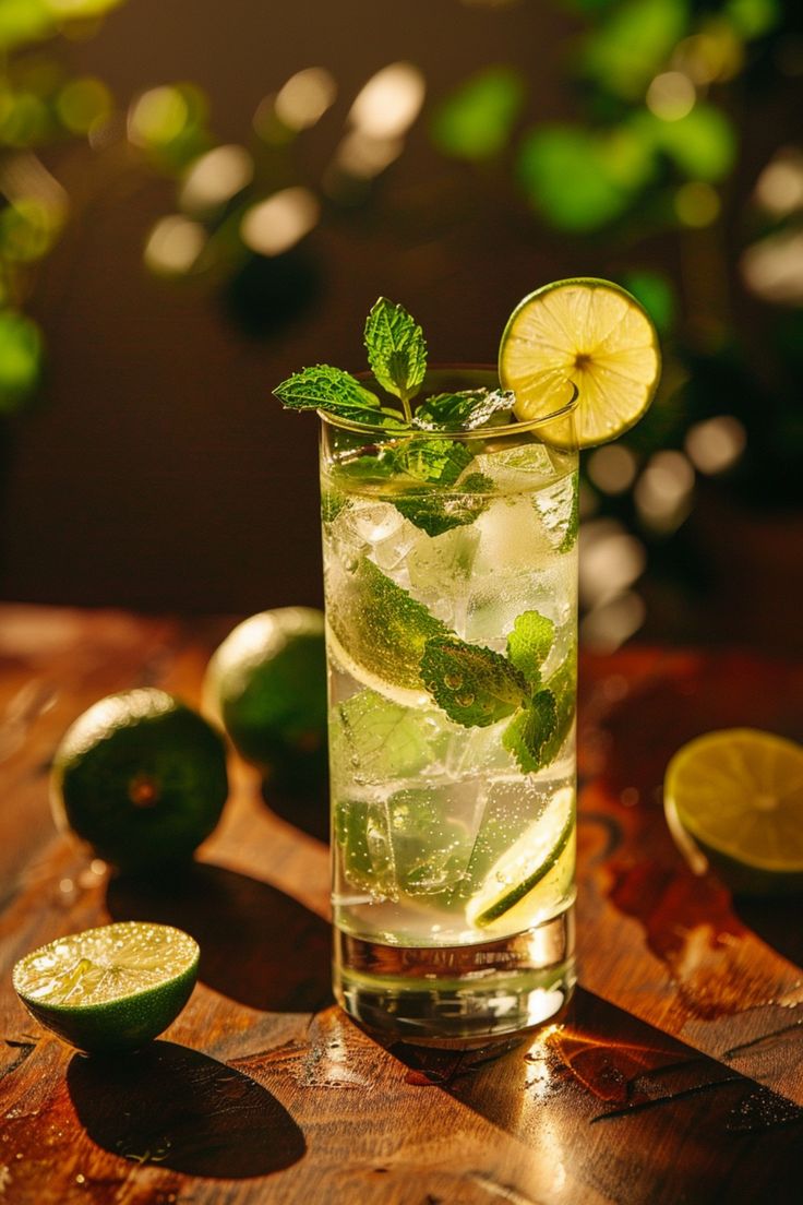 a glass filled with ice and limes on top of a wooden table