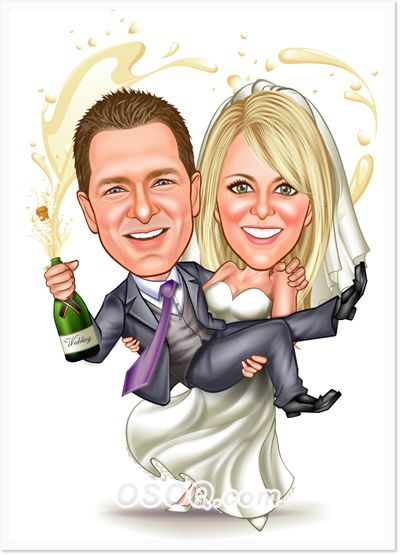 a wedding caricature with a bride and groom holding champagne bottles in their hands