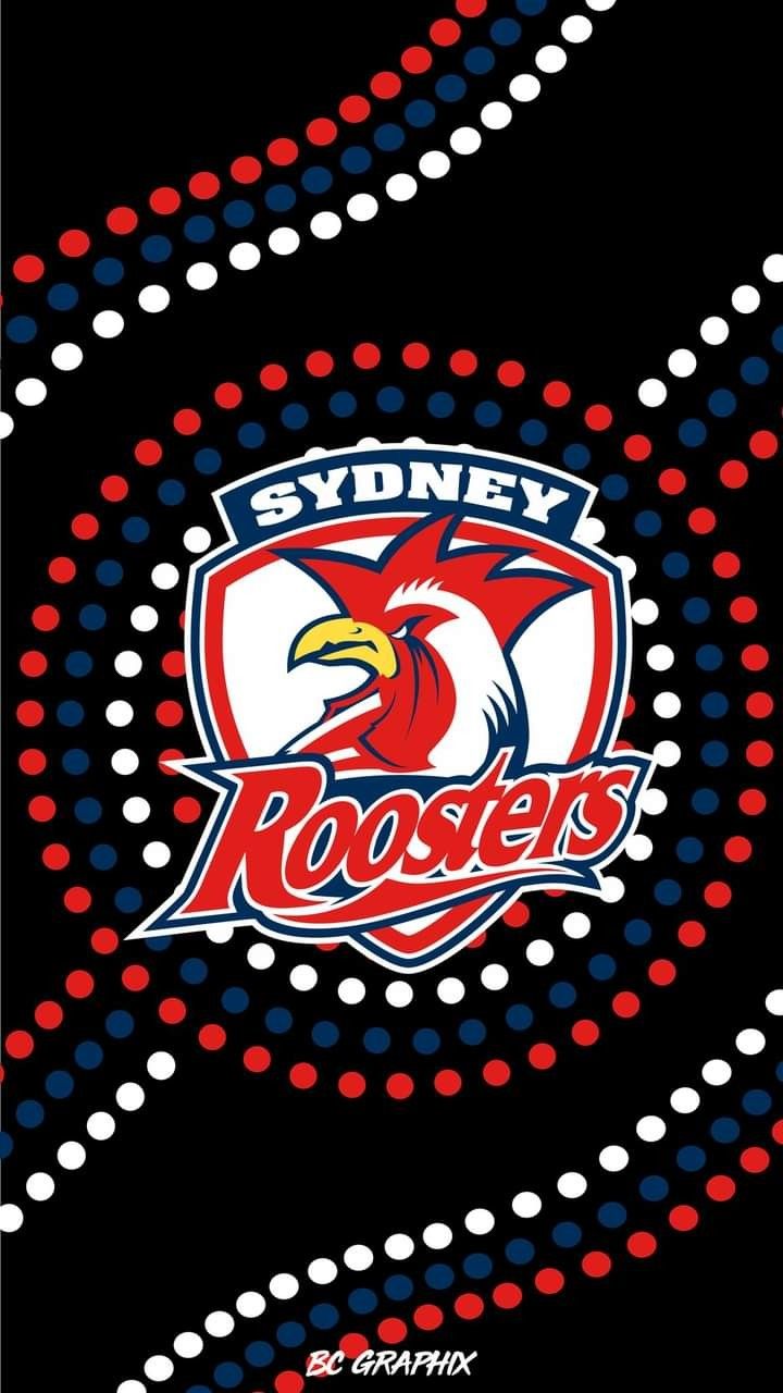 the sydney roosters logo is shown on a black background with red, white and blue dots