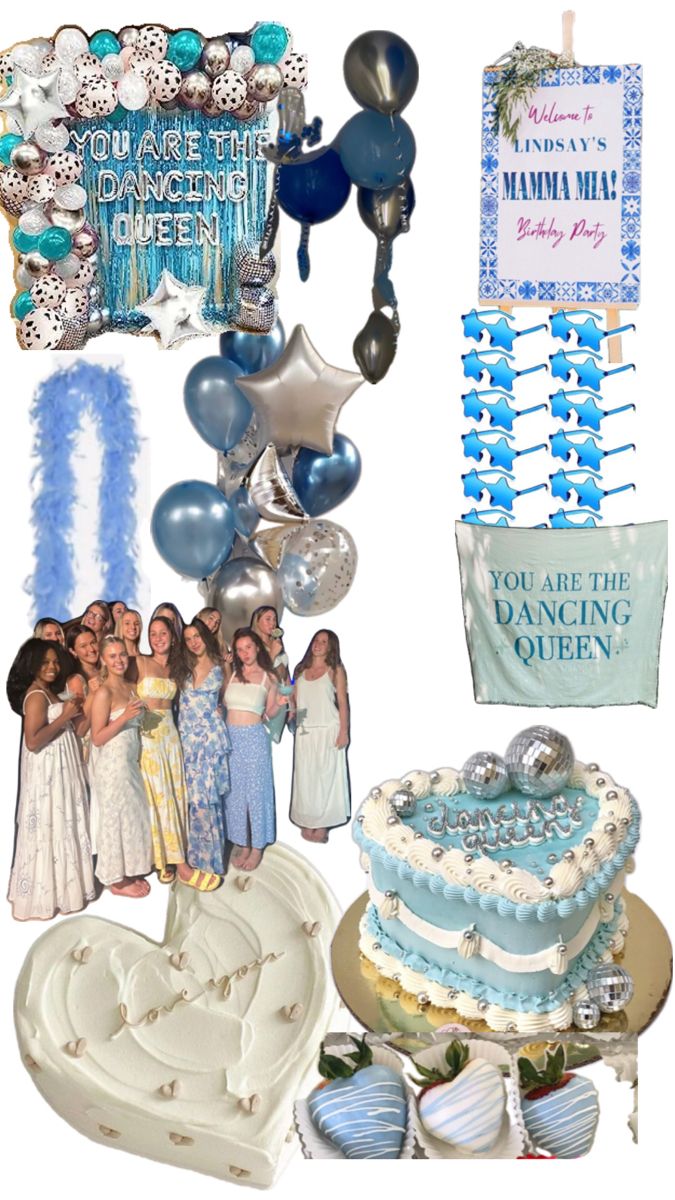 a collage of blue and white themed items including balloons, cake, party decorations