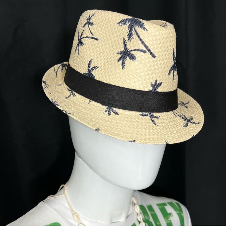 Straw Fedora Hats With Coconut Trees Print Casual Fedora For Summer, Casual Summer Fedora For All Sizes, Blue Sun Hat For Summer Day Out, Casual Blue Sun Hat For Day Out, Blue Summer Hats For A Day Out, Casual Vacation Fedora Straw Hat, Blue Hats For Summer Day Out, Casual Adjustable Fedora For Summer, Casual Vacation Hat