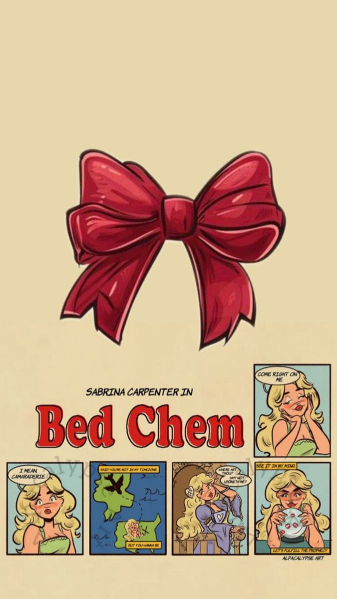 a red bow on top of a poster with cartoon characters in the bottom right corner